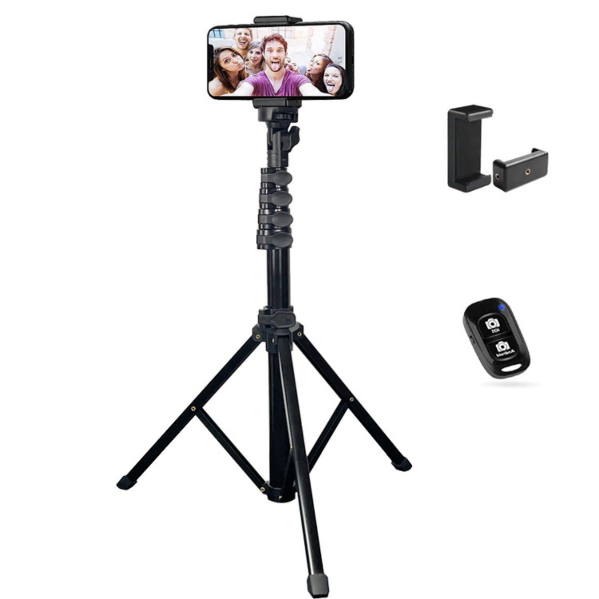 Selfie-Stick mit Telefon, das eine Gruppe zeigt, Fernbedienung und Telefonclip.