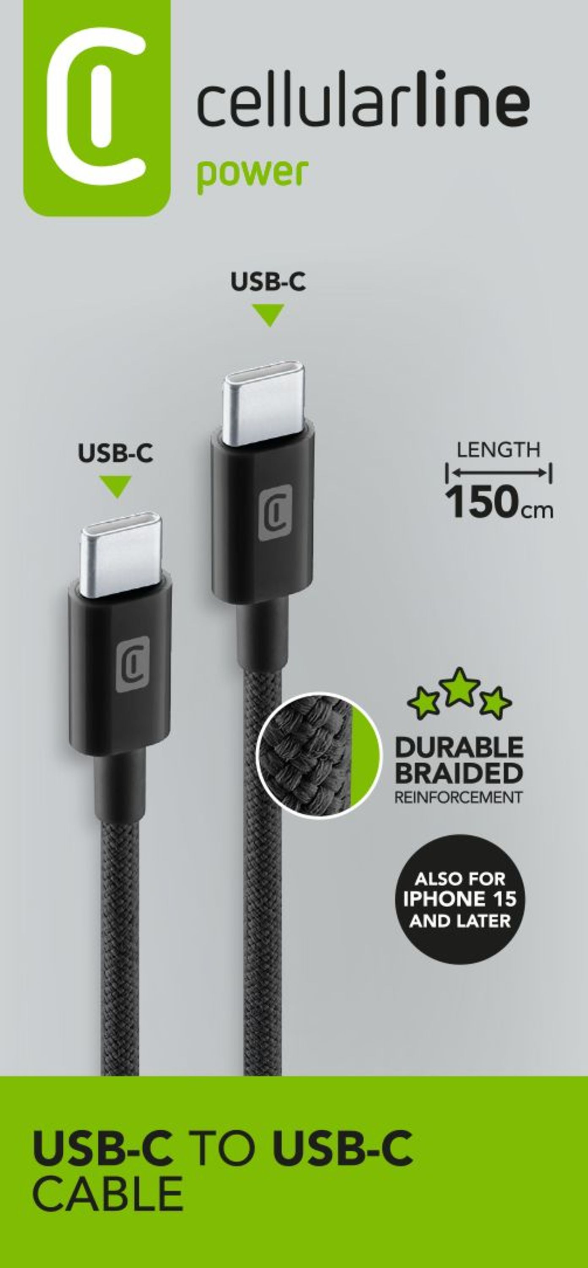 Câble USB-C vers USB-C noir, renfort tressé. Texte : Câble USB-C vers USB-C. Fond blanc.