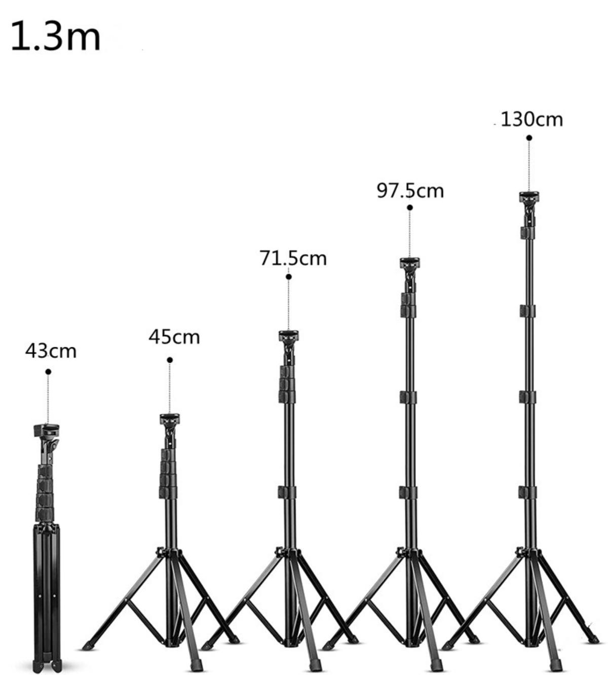 Fünf schwarze Stative unterschiedlicher Höhe, von 43 cm bis 130 cm, auf weißem Hintergrund.