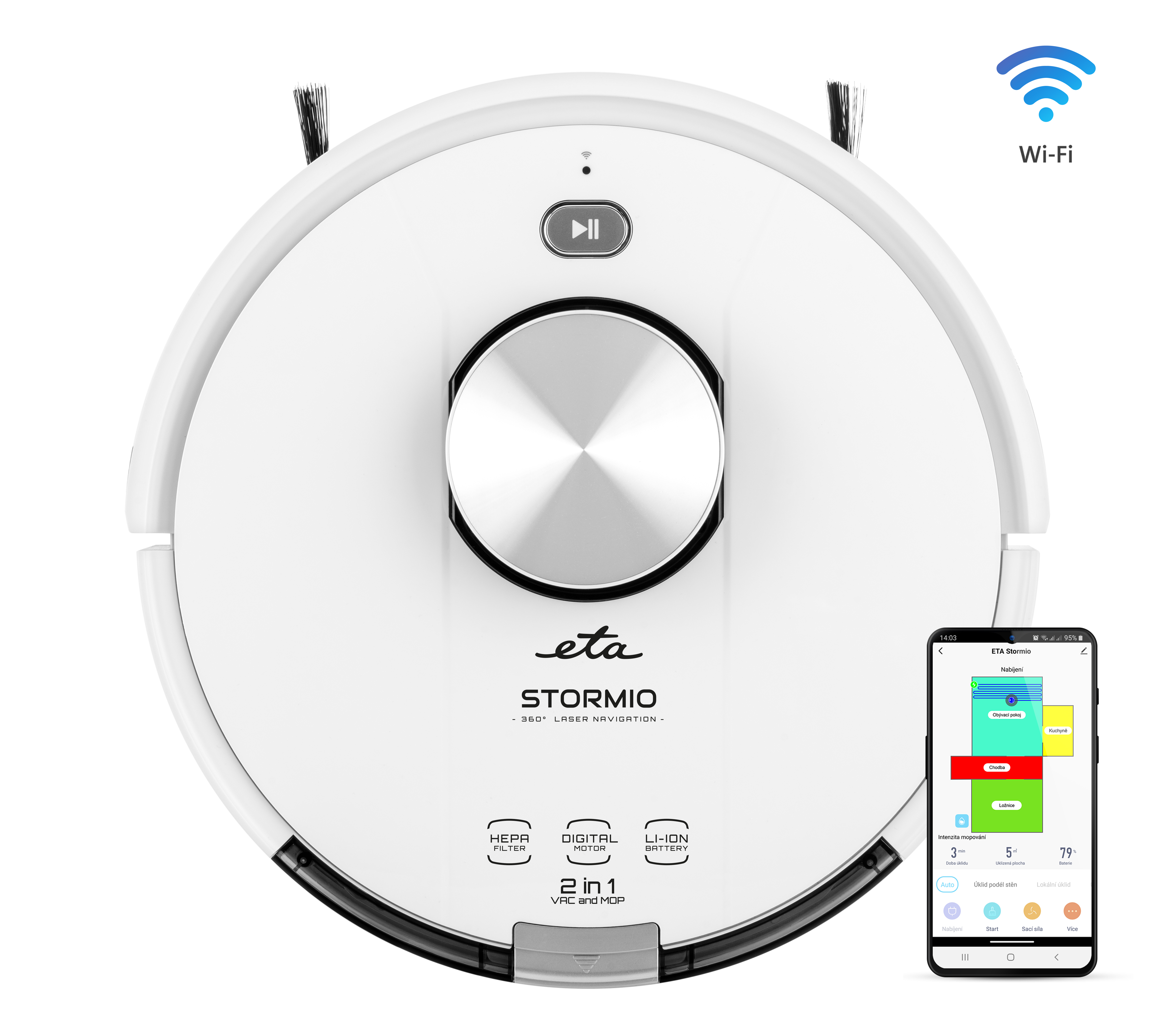 Weißer Roboter-Staubsauger mit mobiler App und Wifi-Symbol.