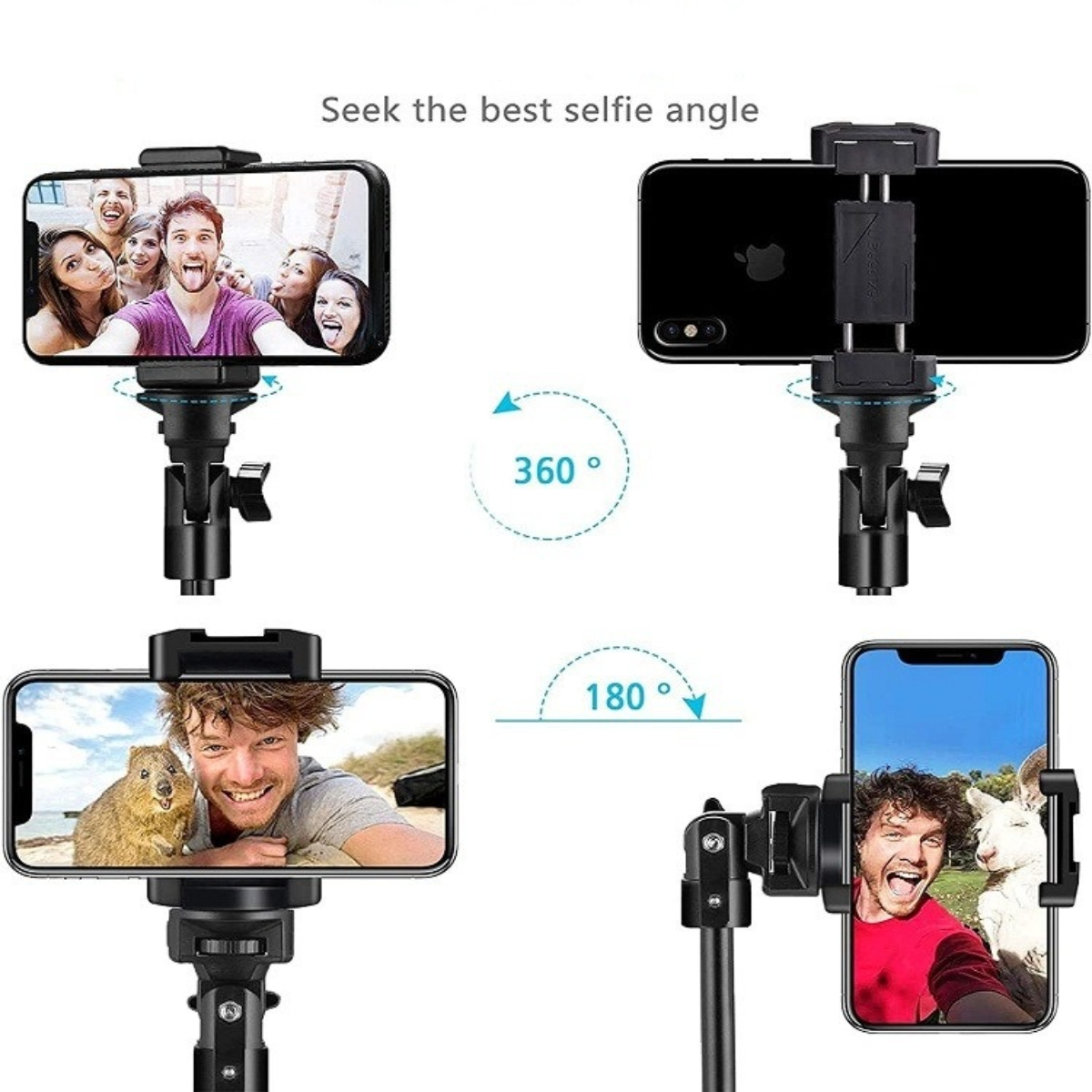 Bilder zeigen einen Telefonhalter mit einem Telefon, das Selfies anzeigt. Pfeile zeigen 360- und 180-Grad-Drehung an.