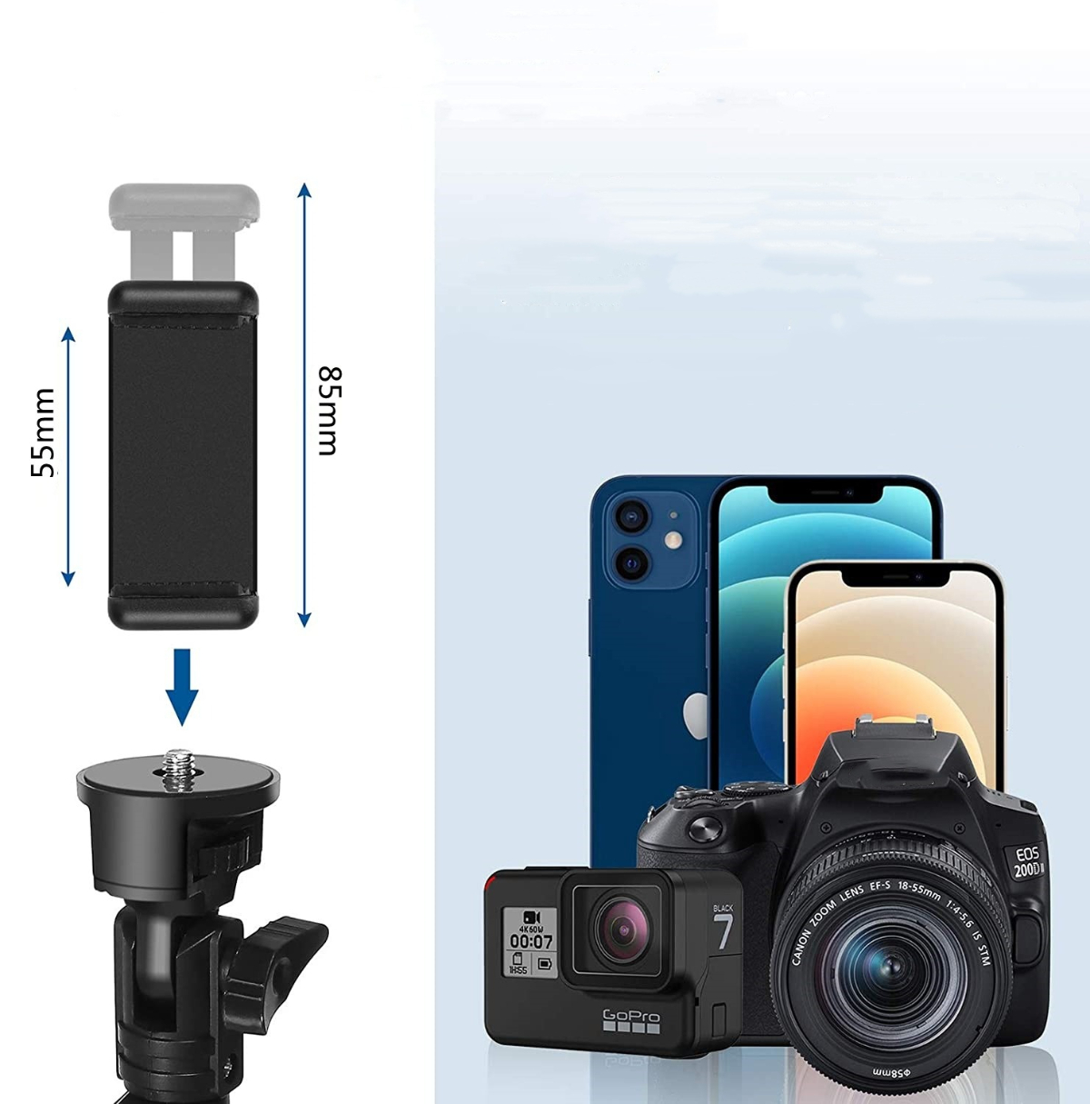 Telefonhalter und Zubehör. Außerdem eine GoPro-Kamera und eine DSLR-Kamera. Die Abmessungen sind angegeben.