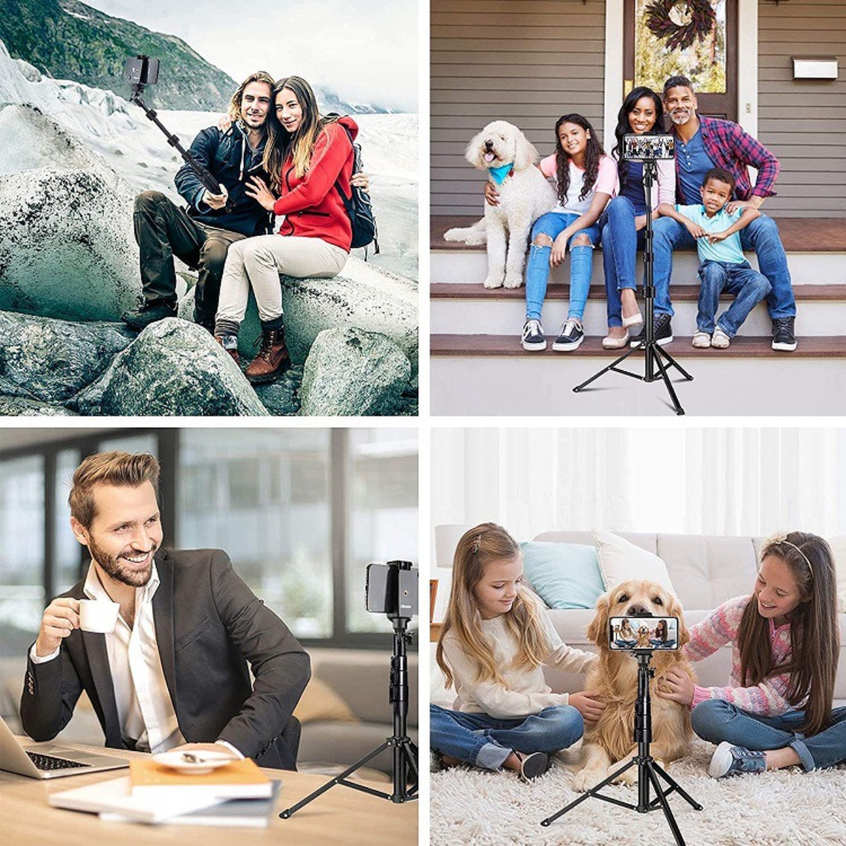 Vier Bilder von Personen, die Stative verwenden, um Fotos und Videos mit ihren Handys aufzunehmen.