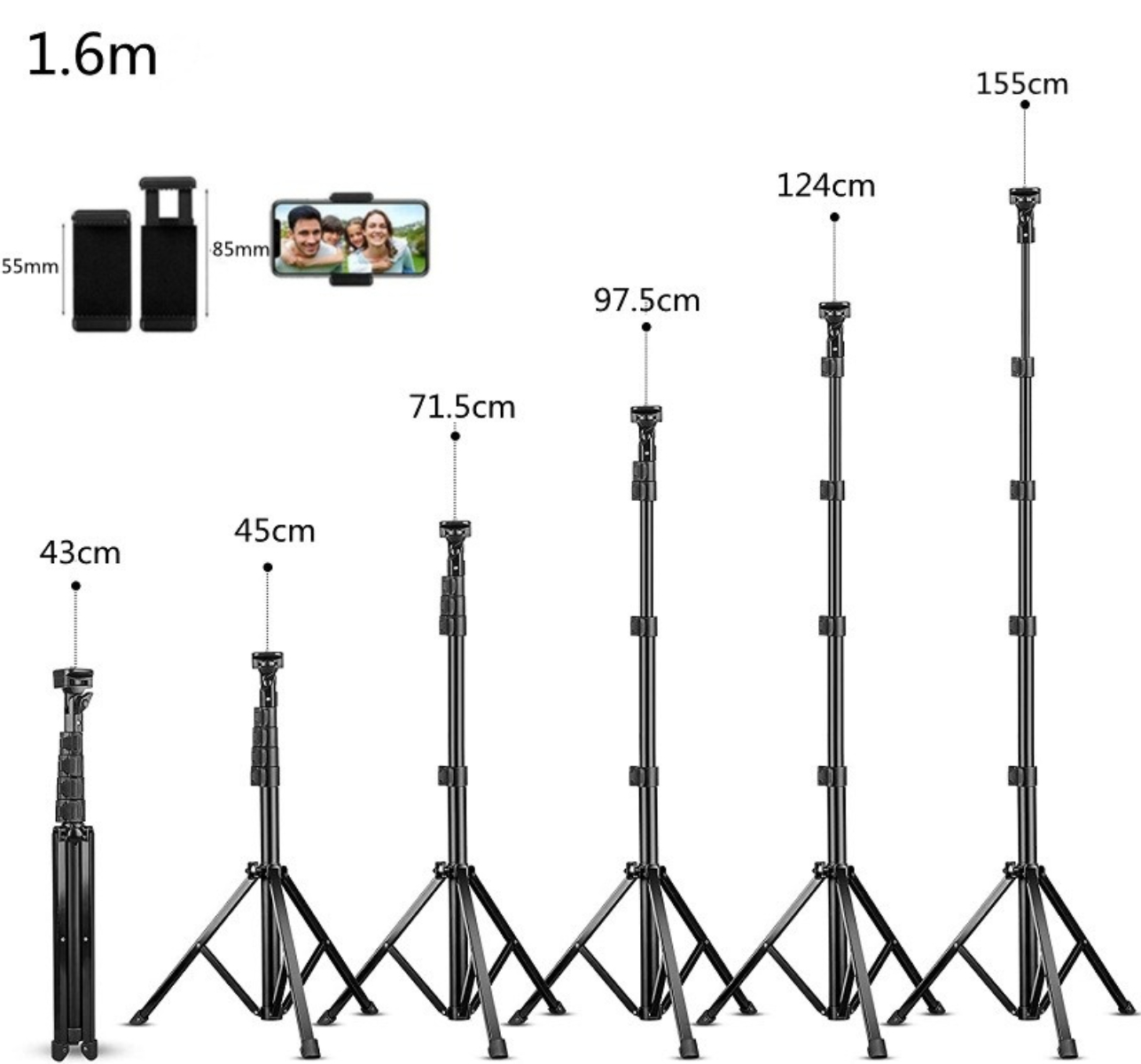 Stative in verschiedenen Höhen, von 43 cm bis 155 cm, und eine Telefonhalterung.