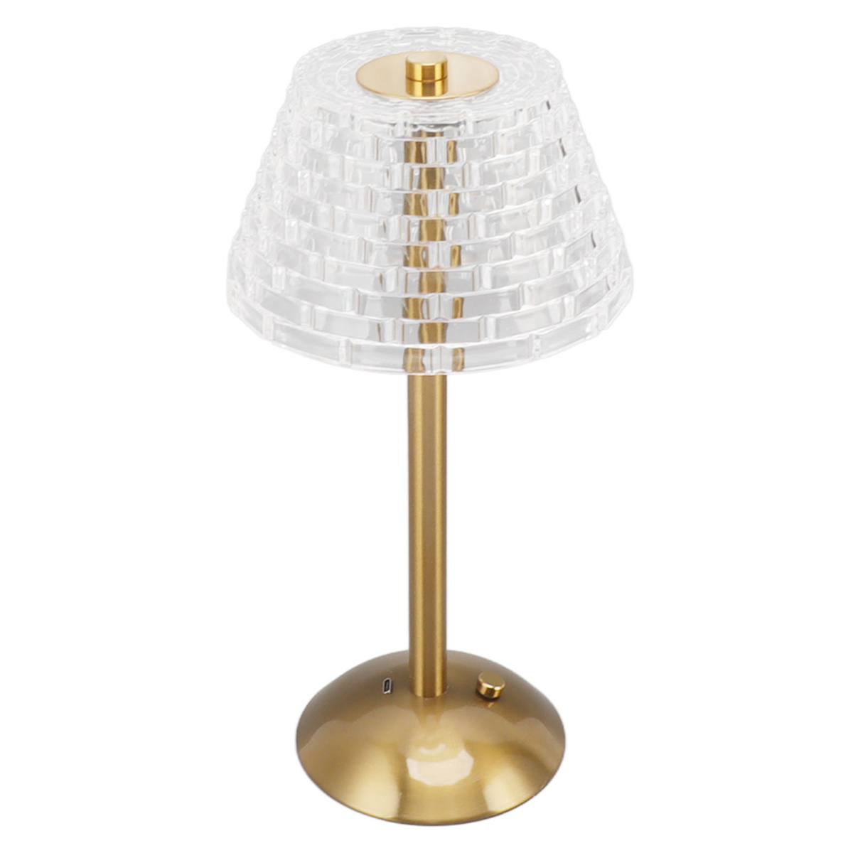 Goldfarbene Tischlampe mit einem transparenten, ziegelmusterförmigen Lampenschirm und rundem Fuß.