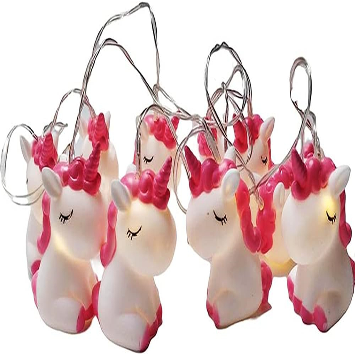 Lichterkette mit Einhörnern, weiße Körper, rosa Mähnen und Hörner, leuchtend.