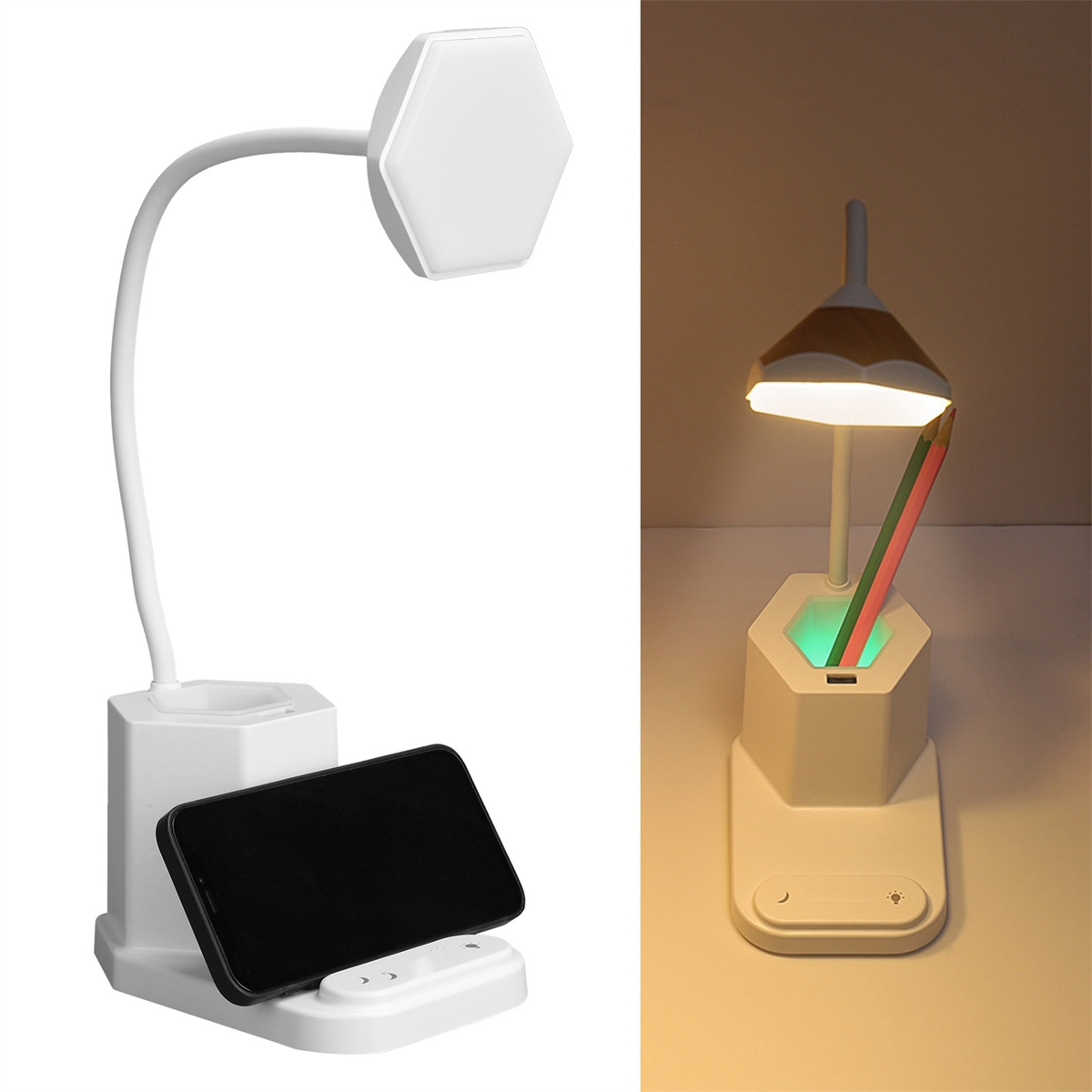 Weiße Schreibtischlampe, Telefon und Stifthalter auf weißer Oberfläche.