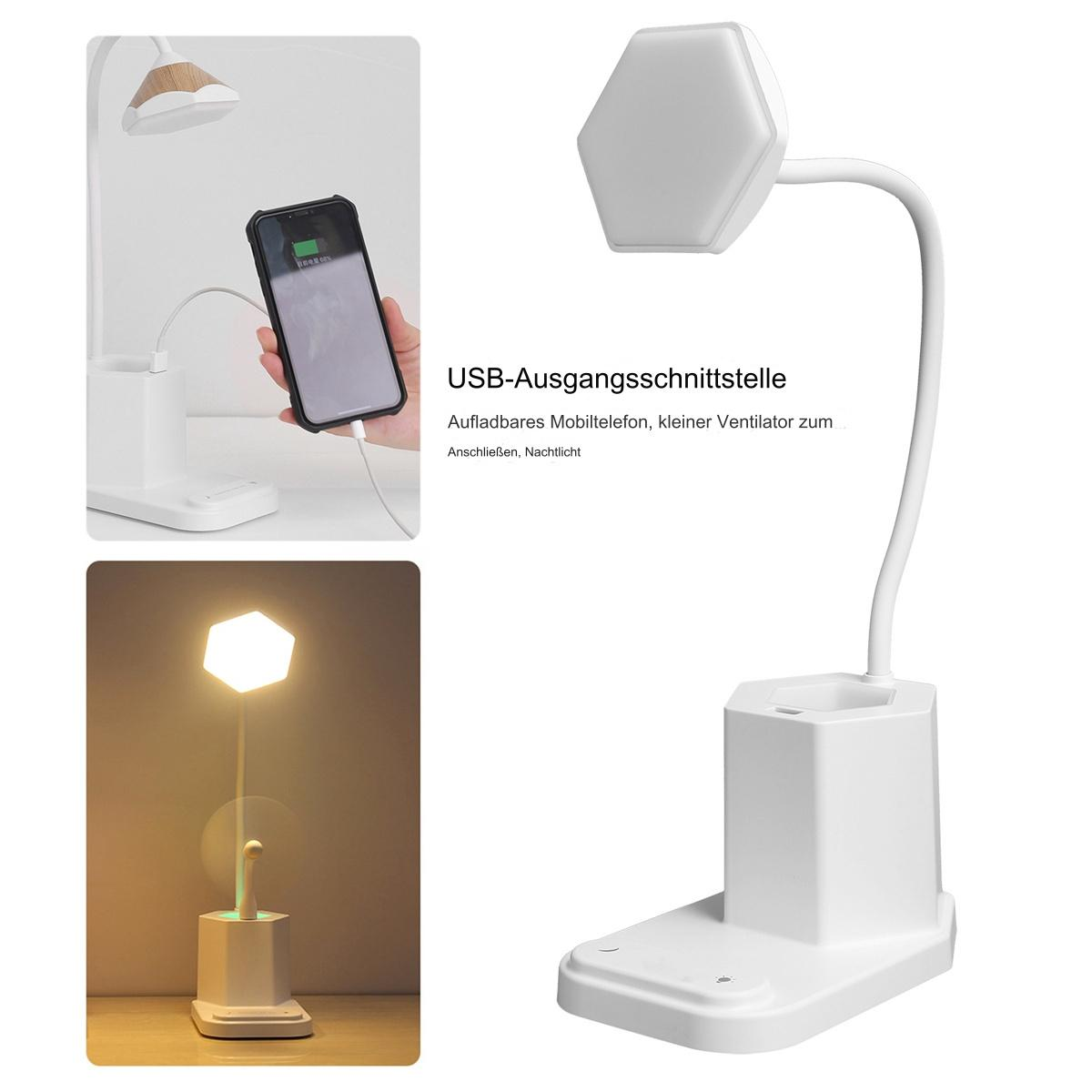 Weiße Schreibtischlampe mit sechseckigem Licht. Telefon lädt, Stifthalter und USB-Anschluss sichtbar.