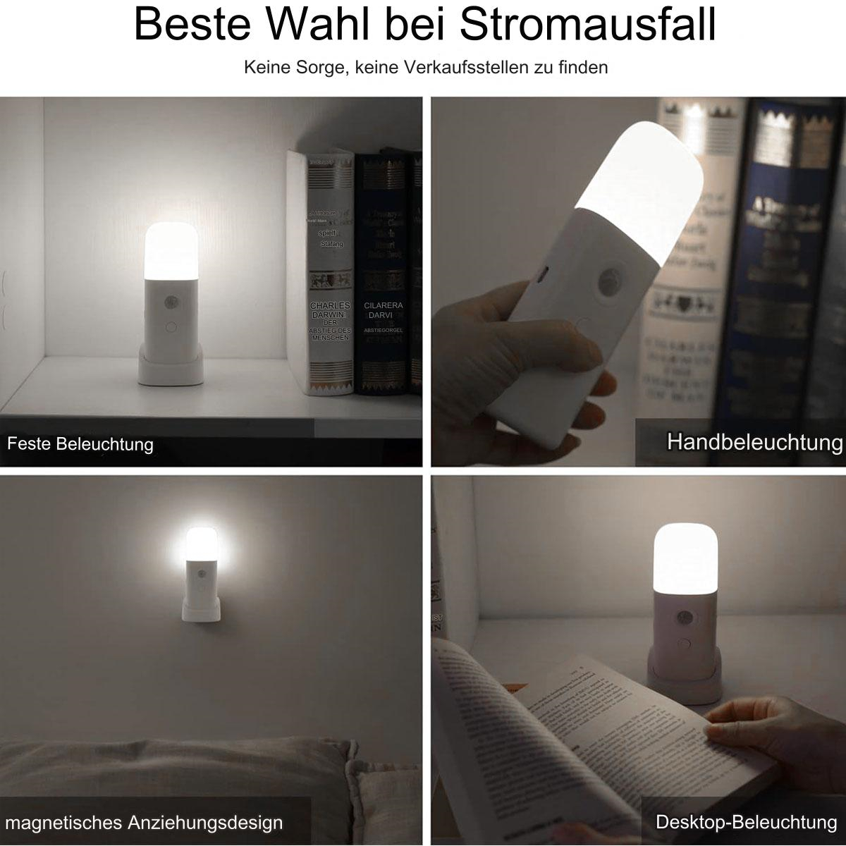 Vier Bilder, die eine tragbare Lampe in verschiedenen Umgebungen zeigen, einschließlich neben Büchern.