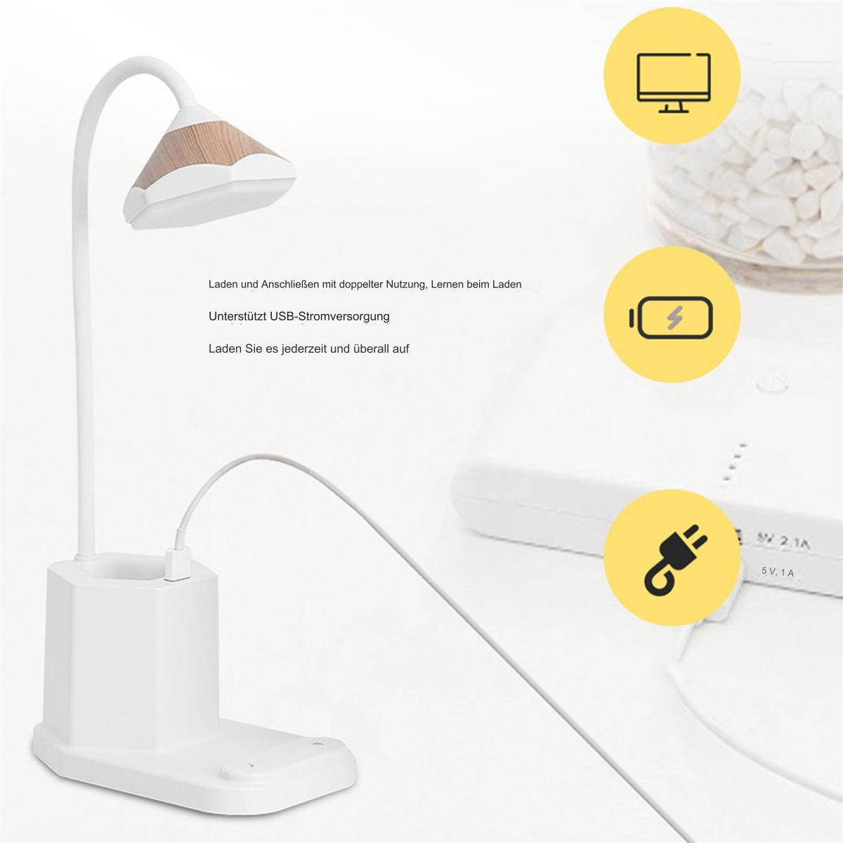 Weiße Schreibtischlampe mit Holzaufsatz, die mit Kabel lädt, und Symbolen für ihre Funktionen.