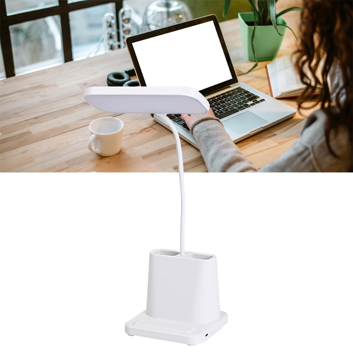 Ein Schreibtisch mit Laptop, weißer Lampe, Tasse und Person beim Tippen. Die Lampe ist weiß.