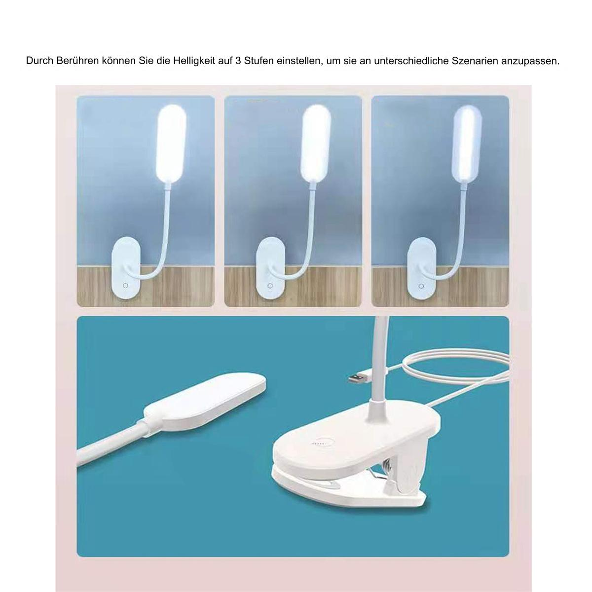 Drei beleuchtete Lampen, eine Clip-Lampe und ein USB-Kabel. Alles weiß.