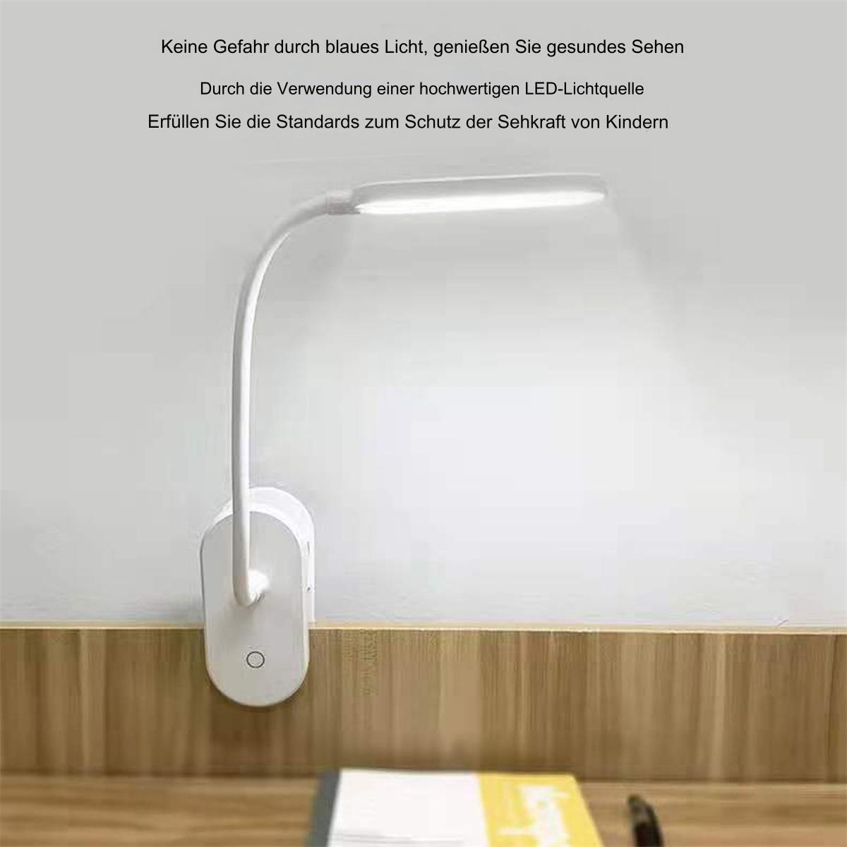 Wei ße LED-Lampe an einer Wand. Sie hat einen gebogenen Hals und ist auf einer Holzoberfläche montiert.