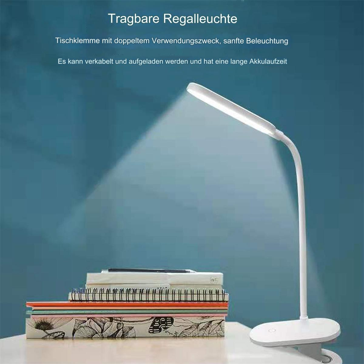 Eine weiße Schreibtischlampe mit hellem Licht, das auf einen Bücherstapel vor einer blauen Wand scheint.