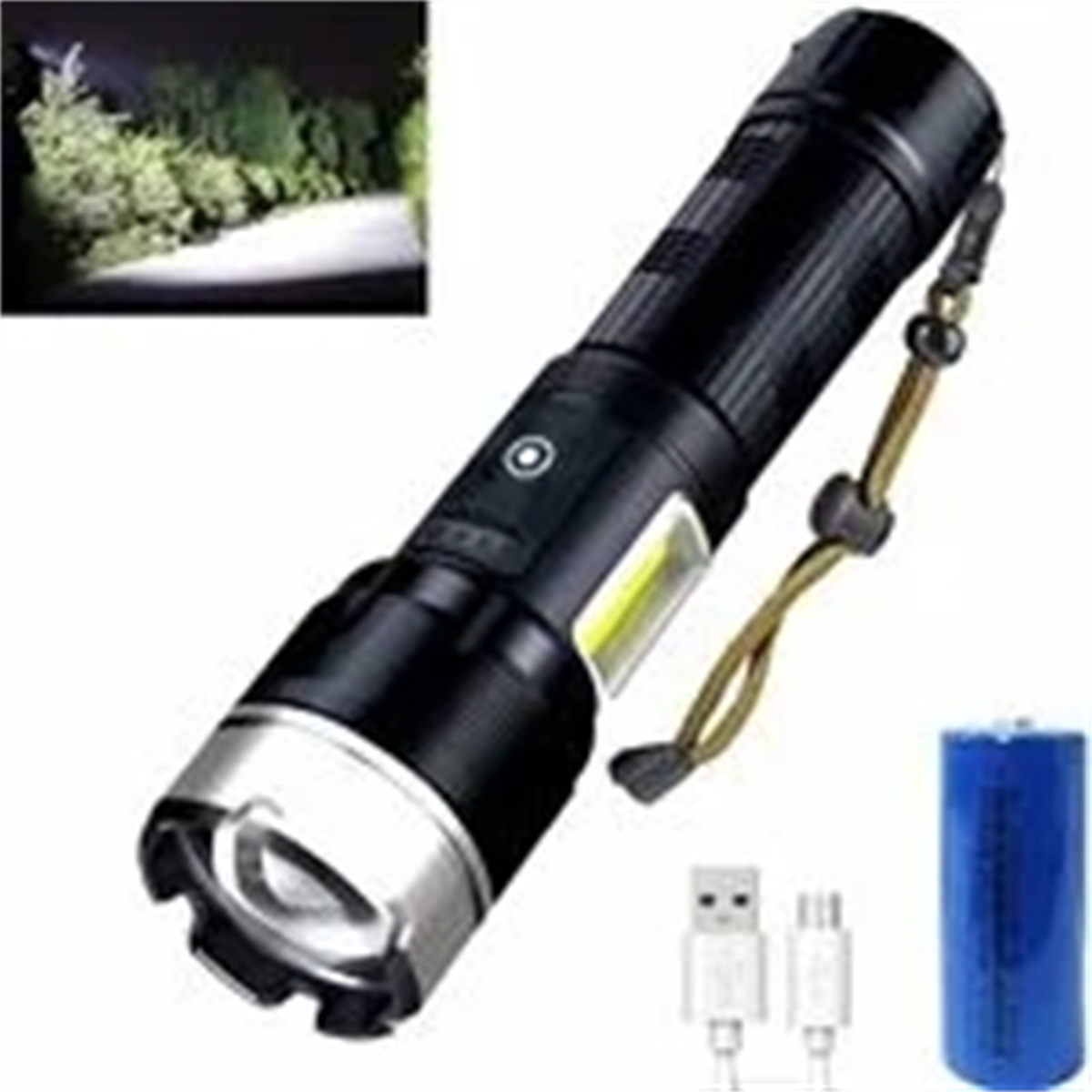 Schwarze Taschenlampe mit weißem Lichtstrahl und einer Batterie.