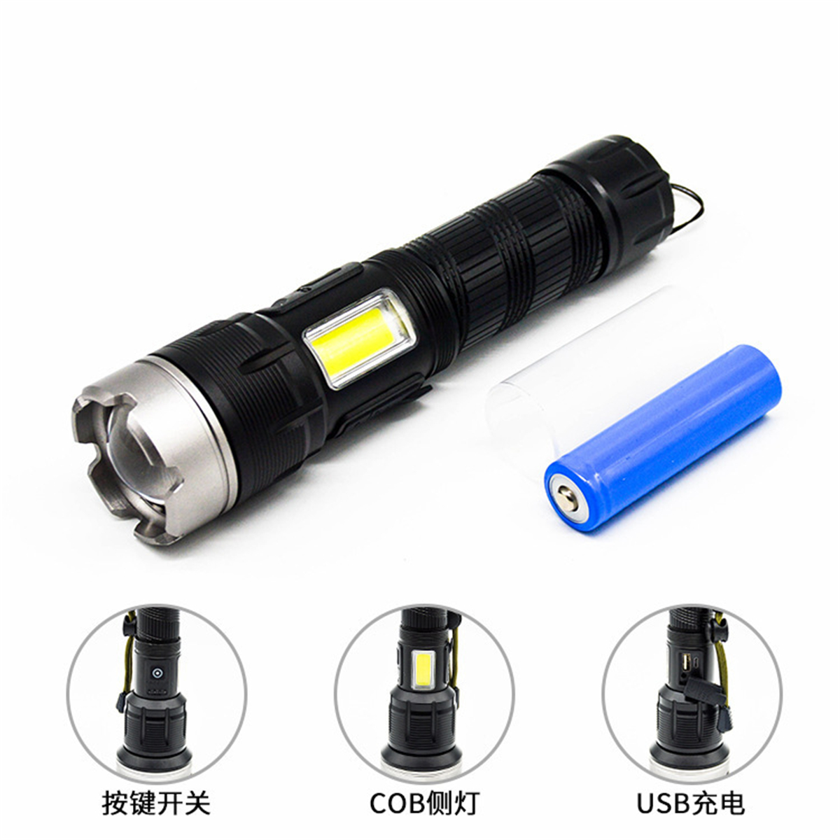 Eine schwarze Taschenlampe mit silbernem Kopf, einer blauen Batterie und drei kleineren Bildanzeigen.