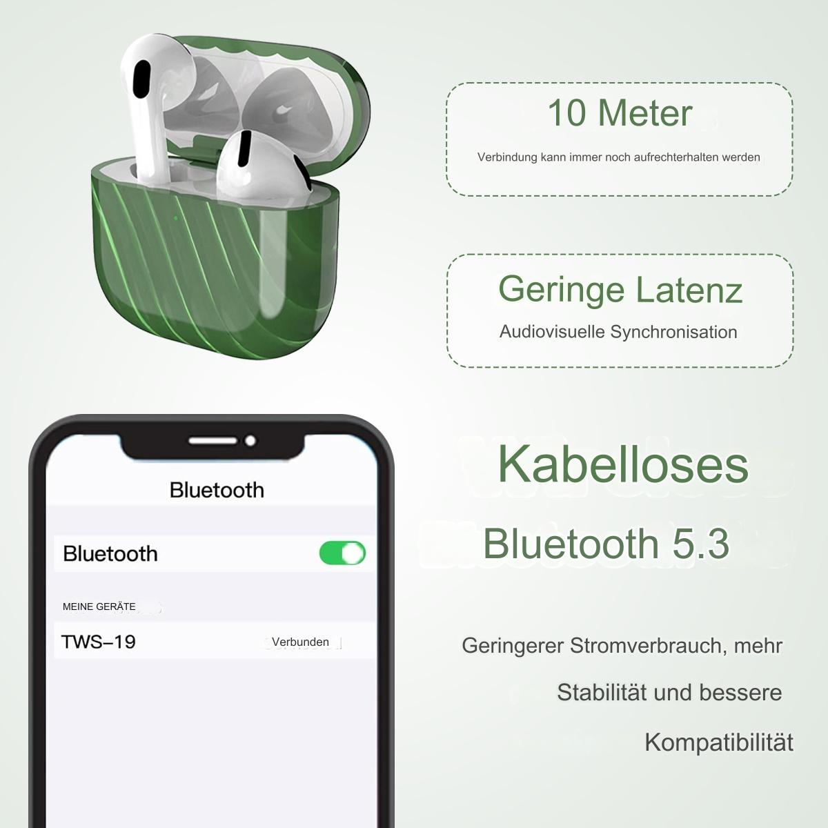 Weiße Ohrhörer in grünem Etui, verbunden mit Telefon mit Bluetooth-Einstellungen.