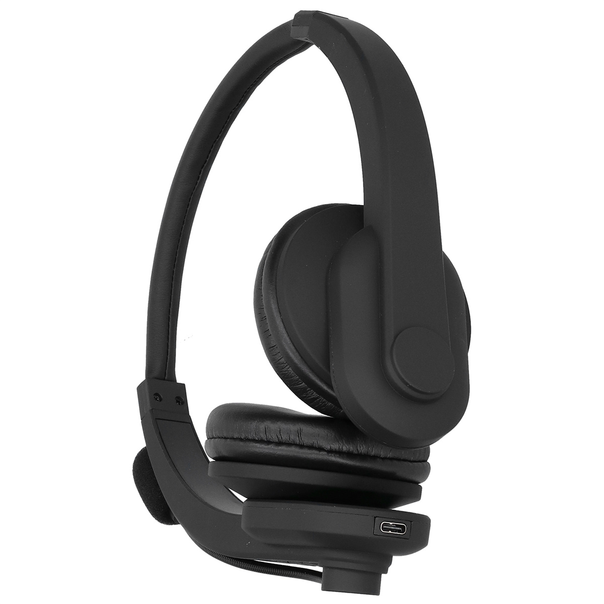 Schwarze Kopfhörer mit USB-C-Anschluss. Die Kopfhörer haben ein geschwungenes Design.