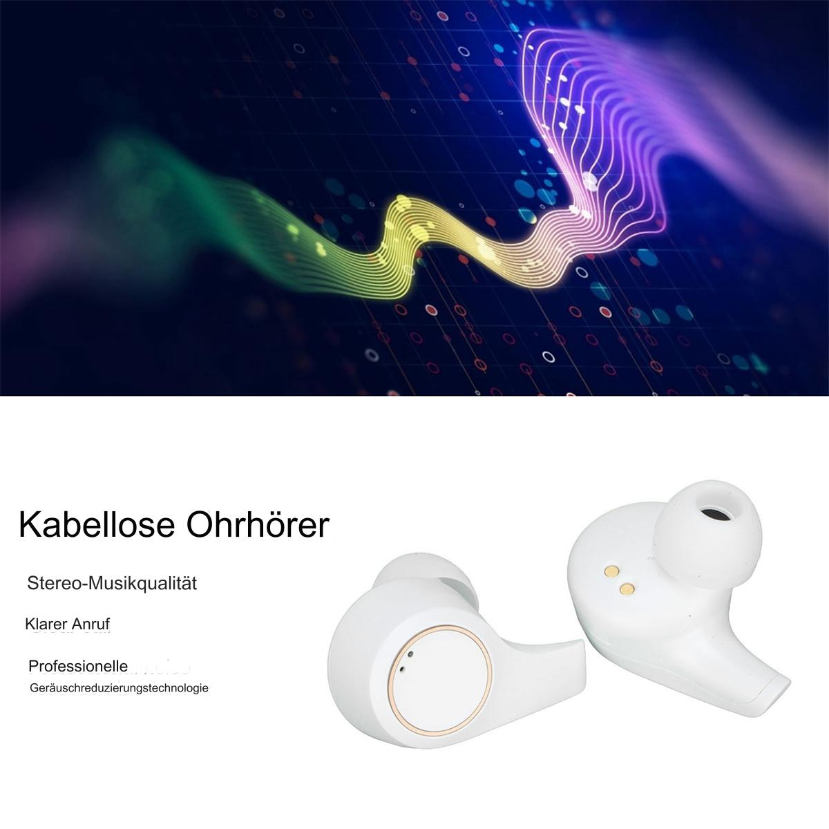 Weiße kabellose Ohrhörer mit deutschem Text und farbenfrohem Hintergrund.
