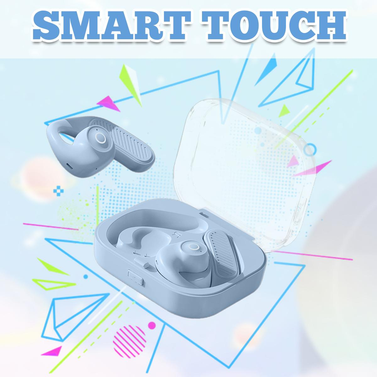 Blaue Ohrhörer und Ladeetui. Etui offen, Knospen innen. 'Smart Touch' Text darüber.