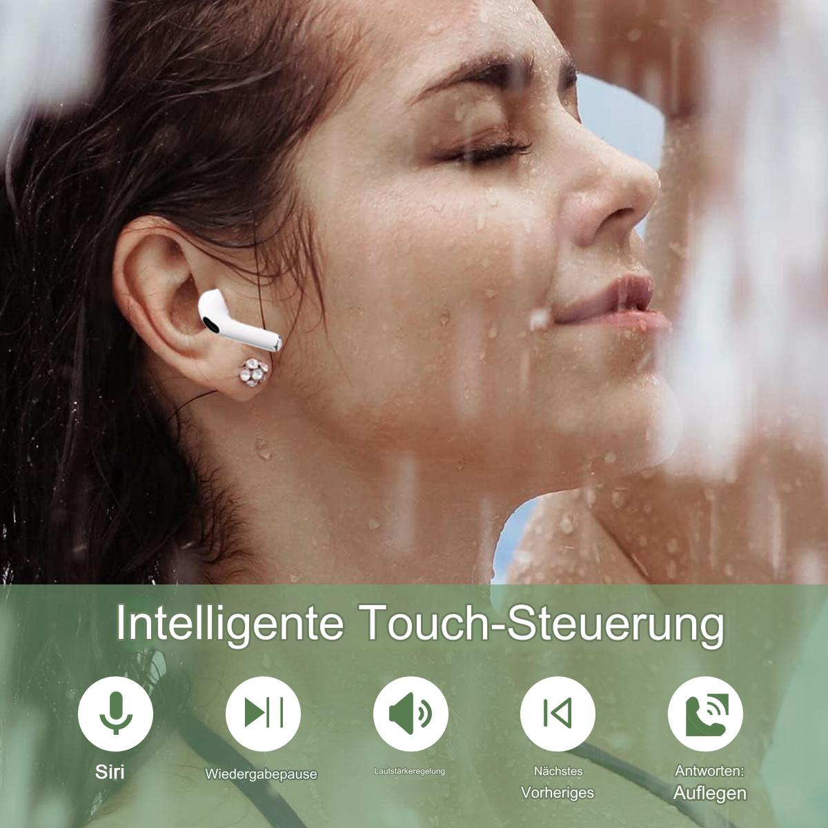 Eine Frau, die weiße Ohrhörer benutzt. Text: Intelligente Touch-Steuerung.