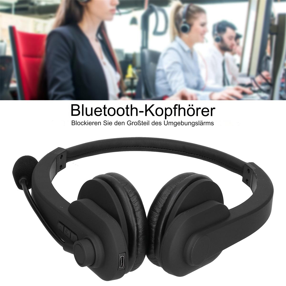 Schwarze Bluetooth-Kopfhörer mit Mikrofon. Text auf Deutsch: 'Bluetooth-Kopfhörer' und Informationen zur Geräuschreduzierung.