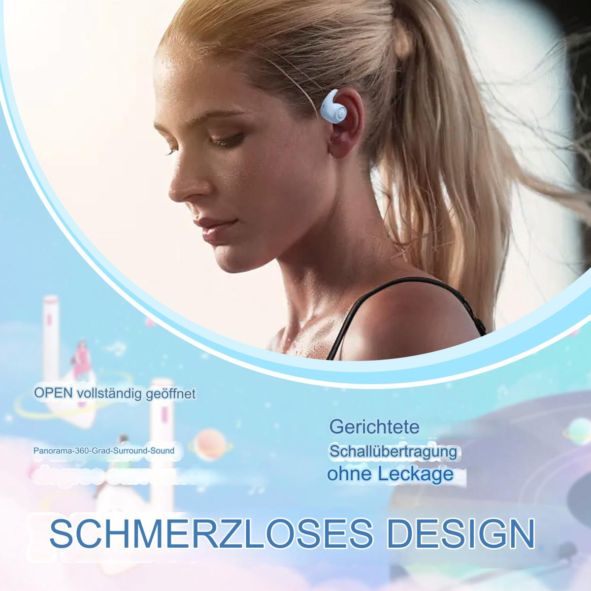 Eine Frau mit Ohrhörern im Ohr, die in die Kamera lächelt. Text beschreibt schmerzloses Design und Surround-Sound.
