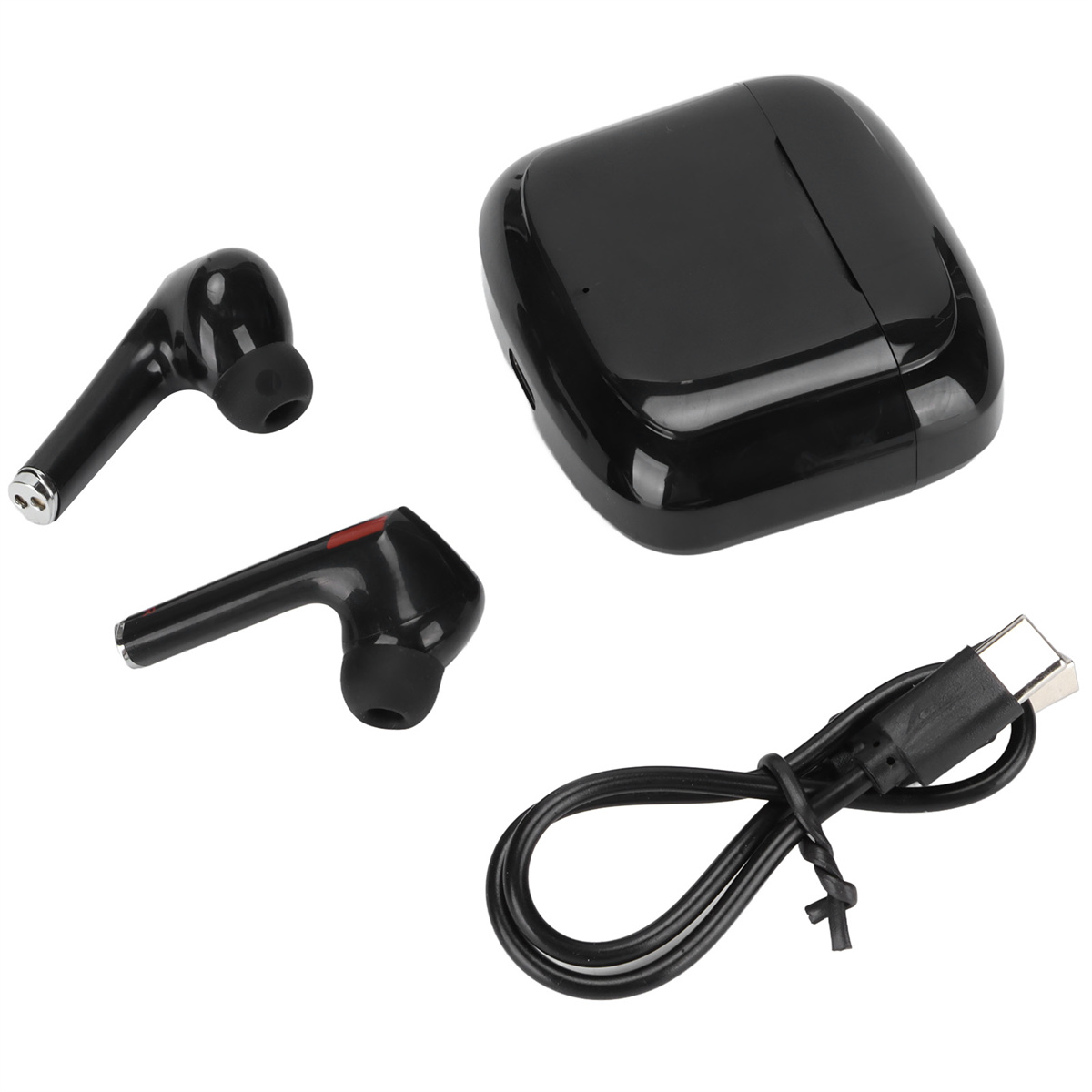 Schwarze kabellose Ohrhörer und Ladecase. USB-C-Kabel enthalten.