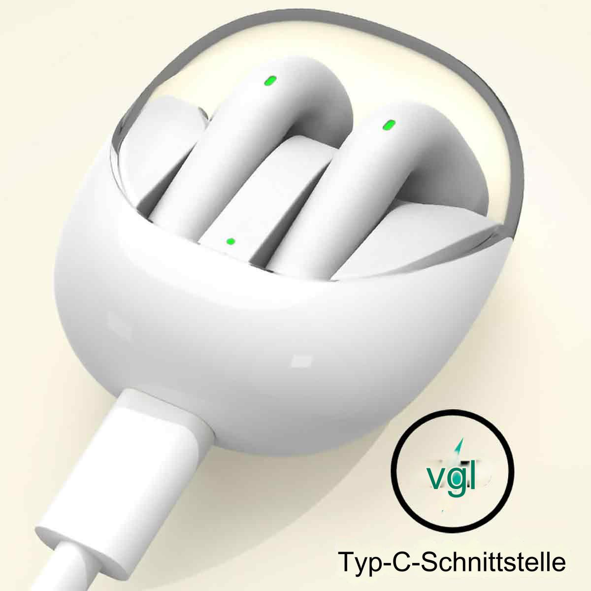 Weiße kabellose Ohrhörer in einem Ladecase mit weißem Ladekabel.