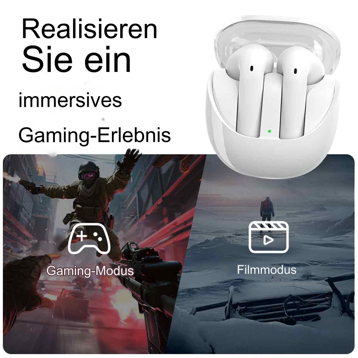 Weiße Ohrhörer in einem Etui und zwei Spielszenen: ein Soldat und eine einsame Figur.