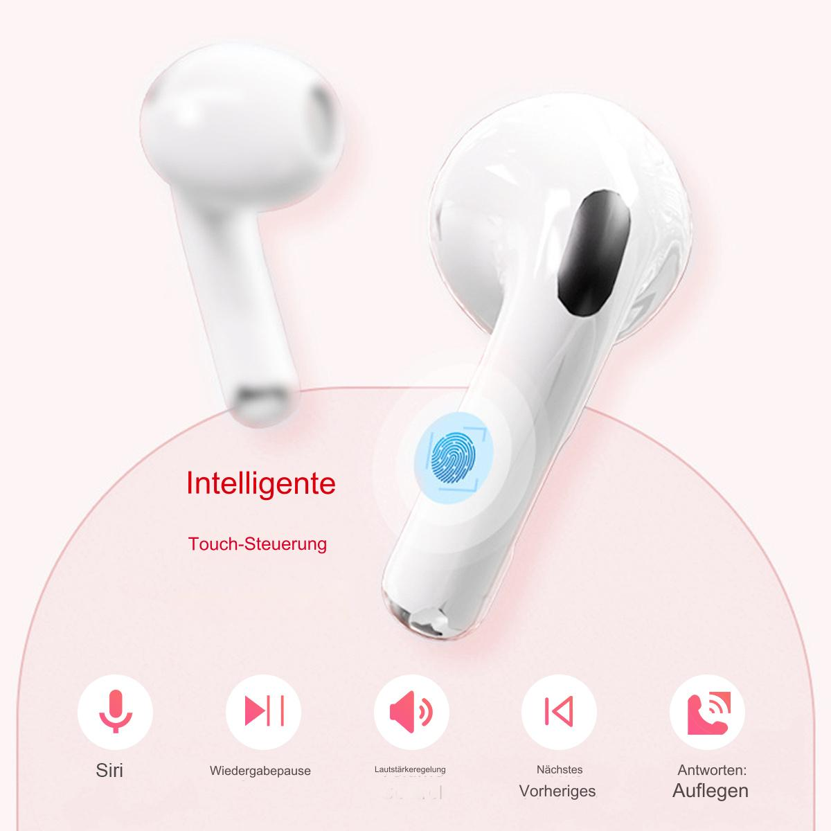 Weiße kabellose Ohrhörer mit Touch-Steuerung und Symbolen für Siri, Pause, Lautstärke, Weiter und Antworten.