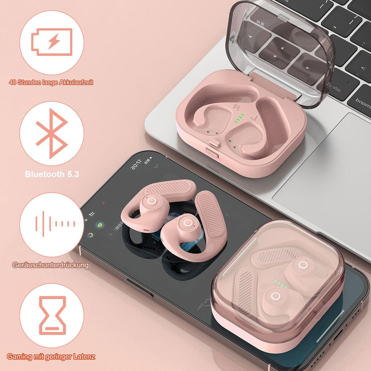 Rosa Ohrhörer in einem Etui und ein Smartphone, mit Symbolen, die Funktionen zeigen, und Tastatur.