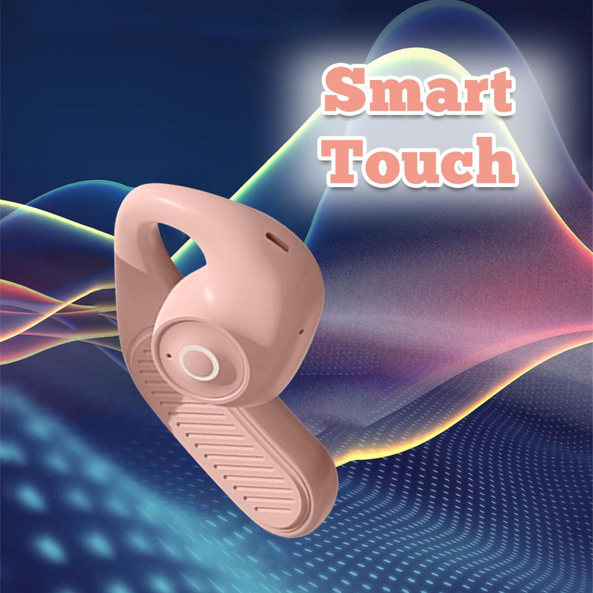 Ein rosa Ohrhörer mit Smart Touch-Text auf blau-violettem wellenförmigem Hintergrund.