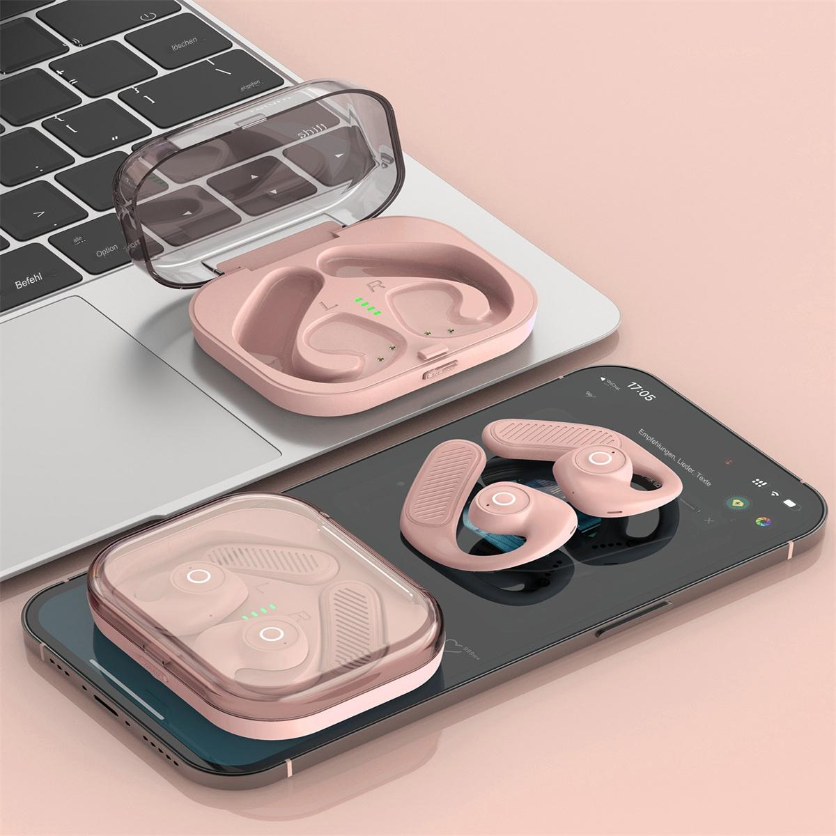 Rosa kabellose Ohrhörer und Hülle auf einem Smartphone. Die Hülle ist geöffnet, und die Ohrhörer sind sichtbar.