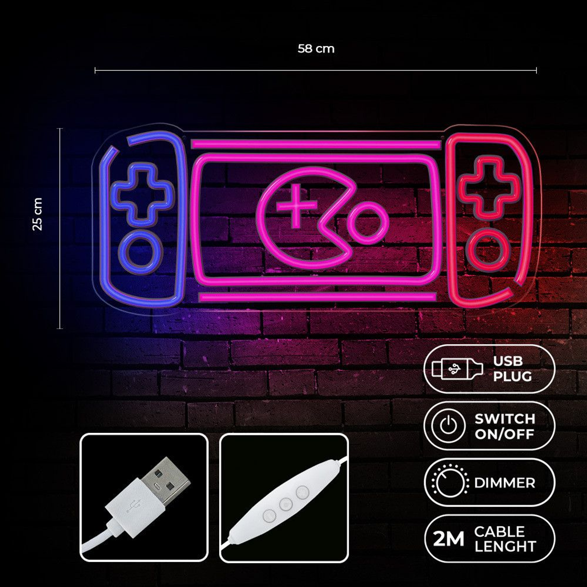 Neon-Schild in Controllerform mit USB-Stecker und Maßen vor einer Backsteinmauer.