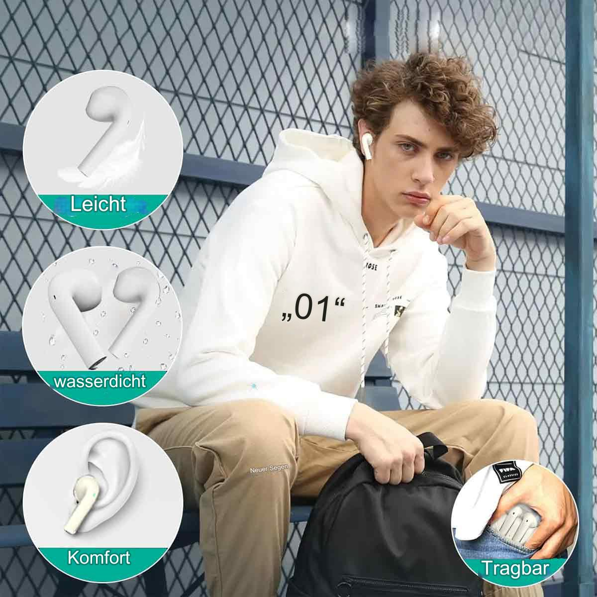 Ein Mann mit Ohrhörern. Er trägt einen weißen Kapuzenpullover und sitzt mit einem schwarzen Rucksack.
