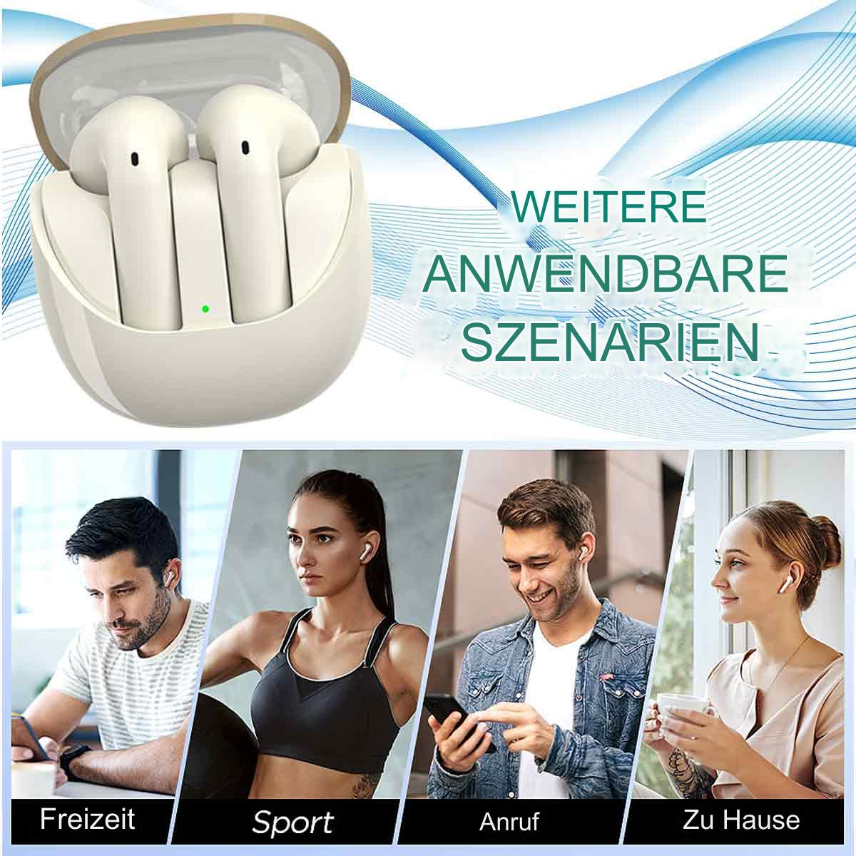 Weiße Ohrhörer in Ladetasche, mit Bildern von Personen, die sie benutzen: Freizeit, Sport, Anrufe und zu Hause.