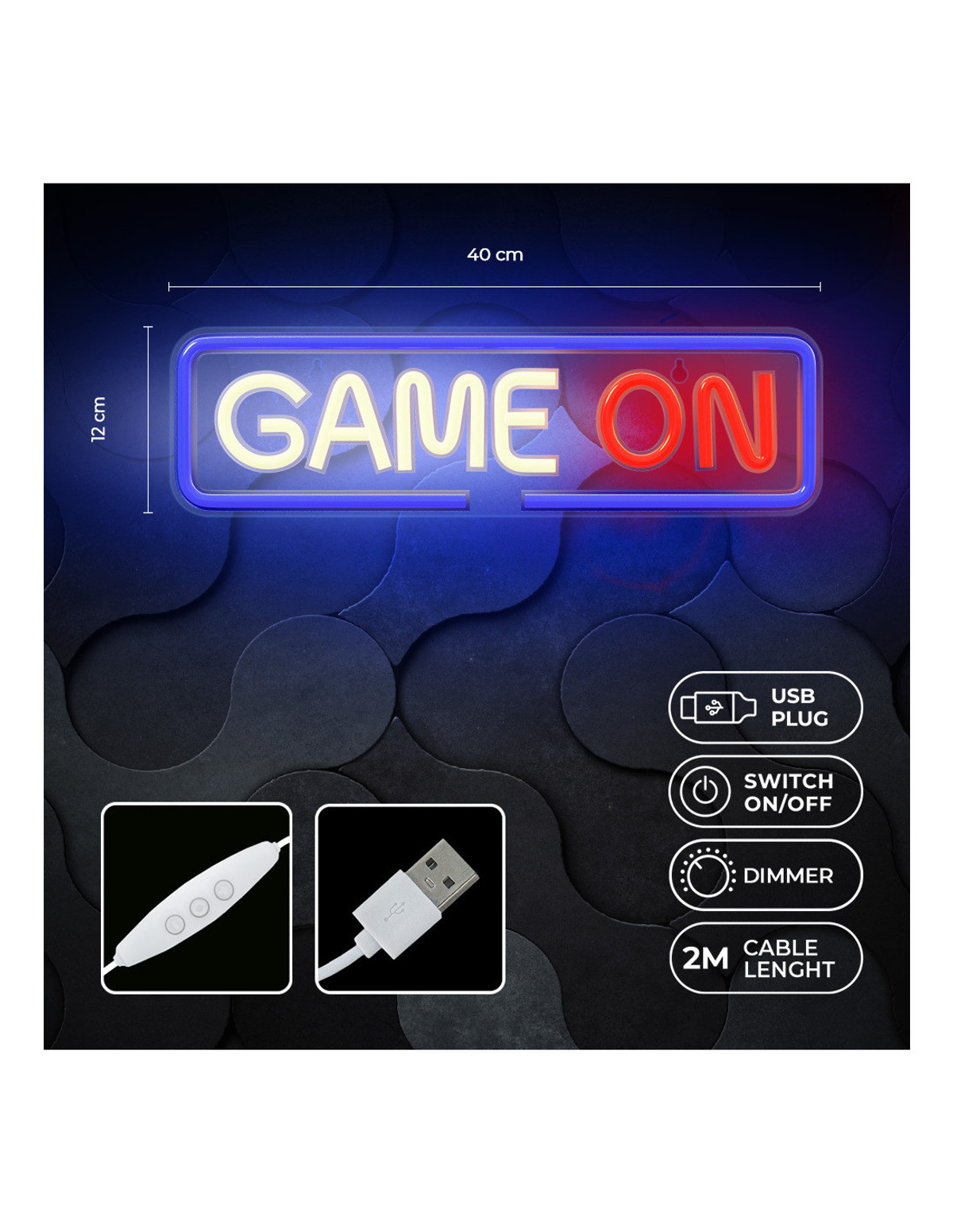 Un letrero de neón que dice "GAME ON" con un enchufe USB y un interruptor de atenuación. Es azul oscuro.
