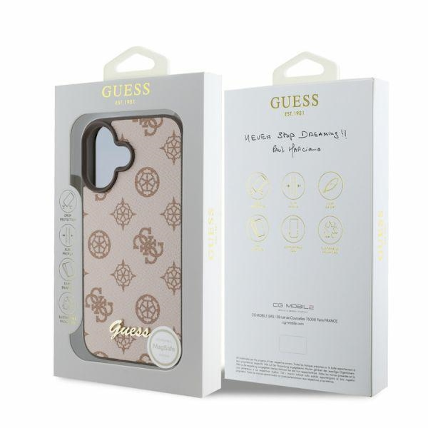 Una custodia per telefono Guess in una scatola. La custodia è beige con il logo Guess. La scatola ha delle note manoscritte.