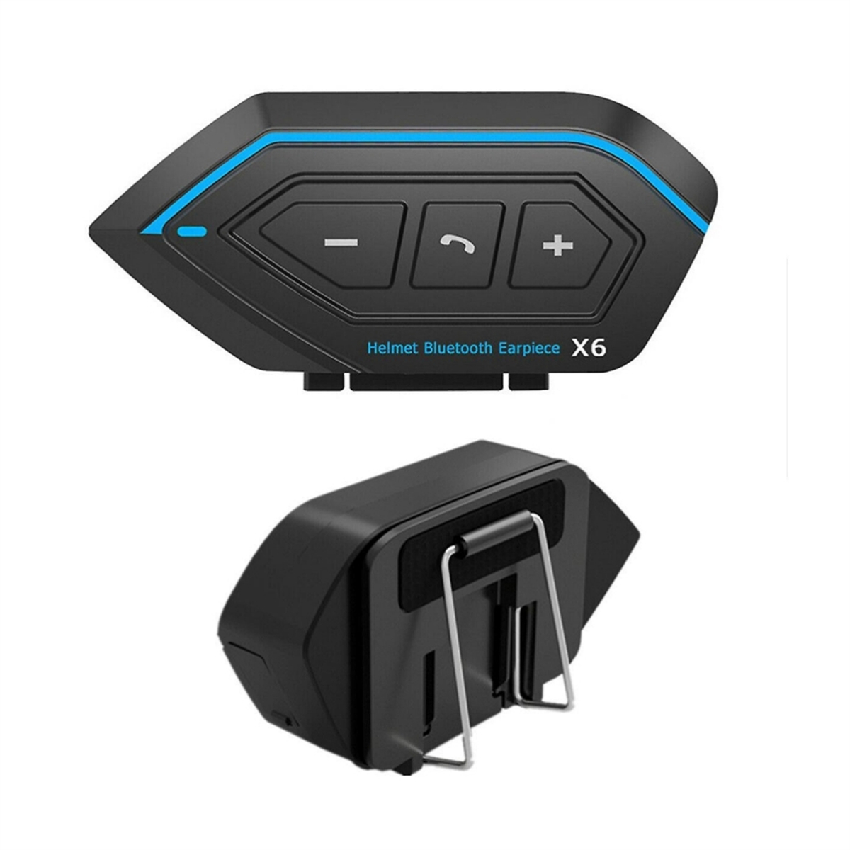 Ein schwarzes Bluetooth-Headset für den Helm mit drei Tasten und einem Ständer.