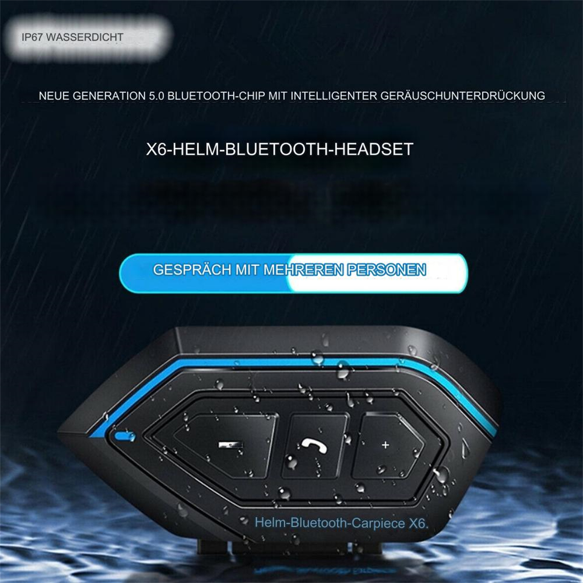 Ein schwarzes Helm-Headset mit Steuertasten. Wassertropfen sind sichtbar.