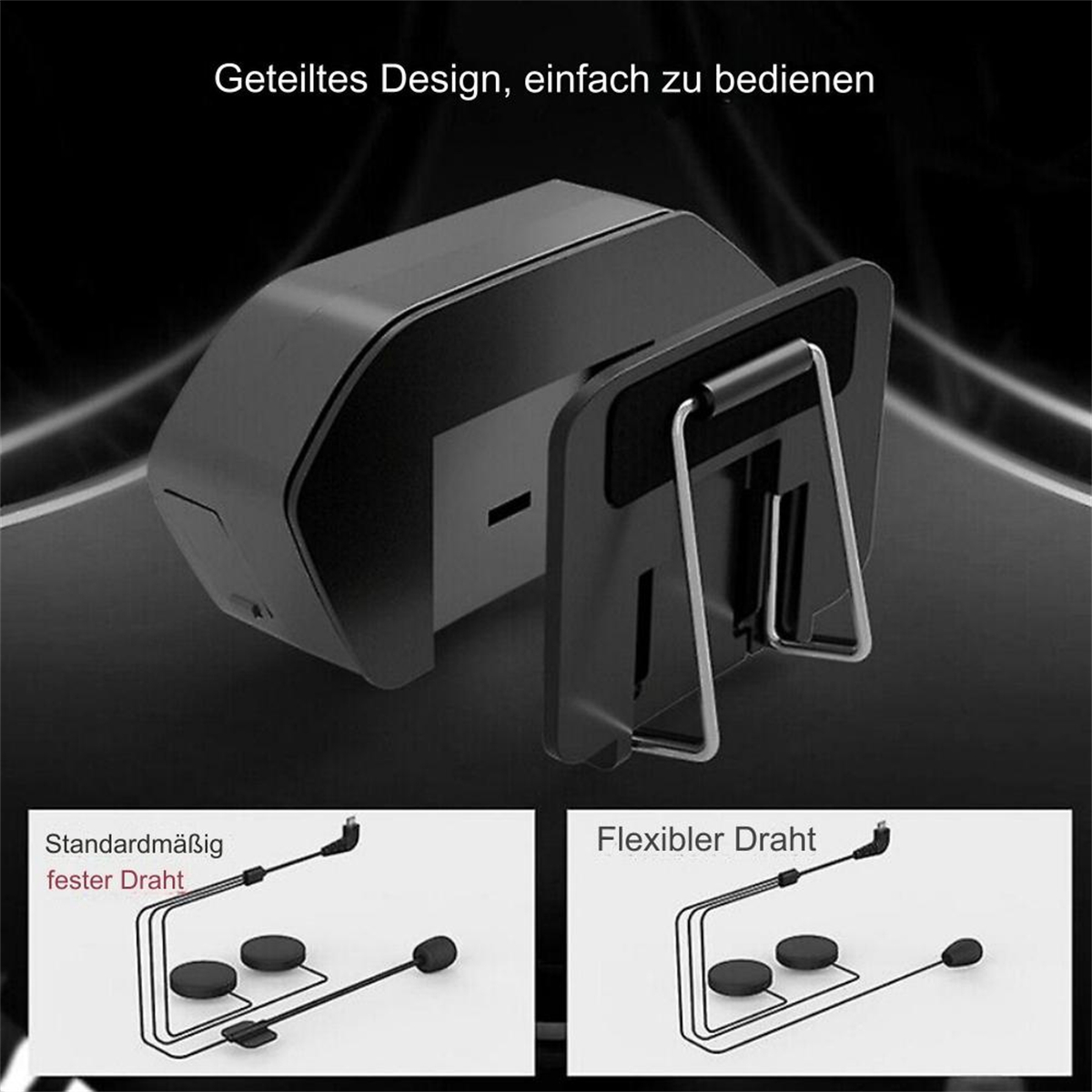 Ein schwarzes Gerät mit Ständer wird angezeigt. Das Gerät hat einen Schlitz und zwei Diagramme mit Drahtverbindungen.