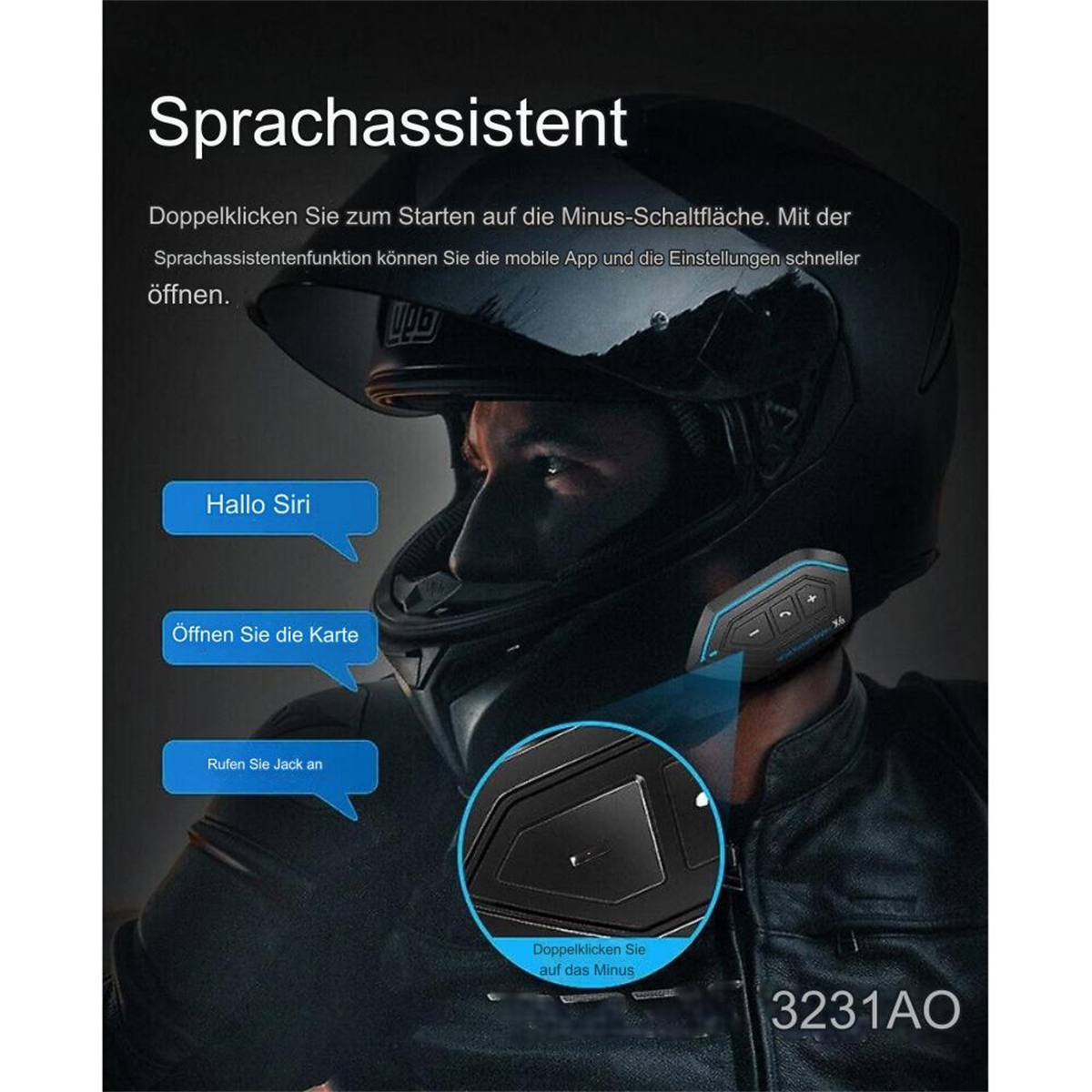 Mann mit Helm, mit Sprachassistenten-Anzeige und einigen Textblasen.
