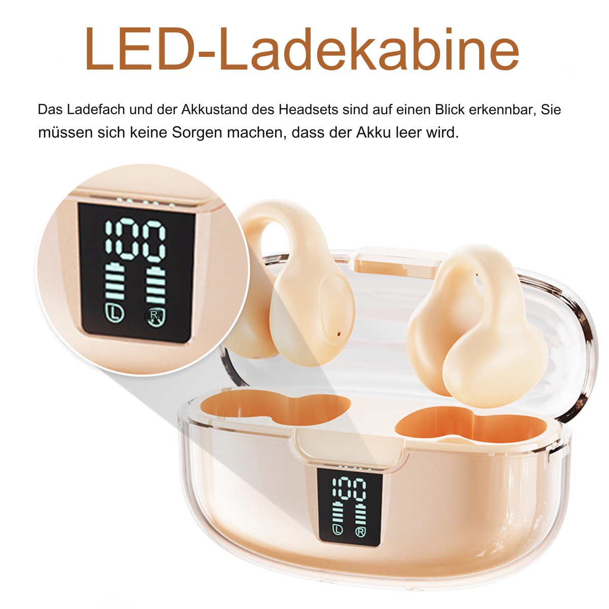 Ohrhörer in einem Ladeetui mit Anzeige von 100 % Ladung. Beige und klares Etui. Weißer Hintergrund.