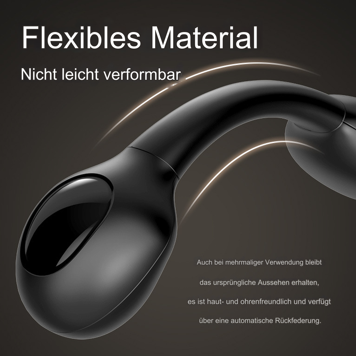 Nahaufnahme eines gebogenen schwarzen Telefonhalters mit Text. Das Material ist flexibel. Dunkler Hintergrund.