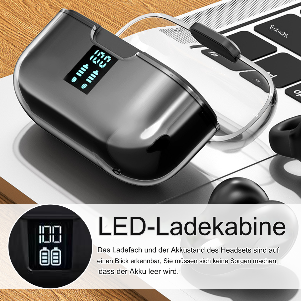 Schwarzes Ladecase mit digitaler Anzeige, die den Akkustand anzeigt.