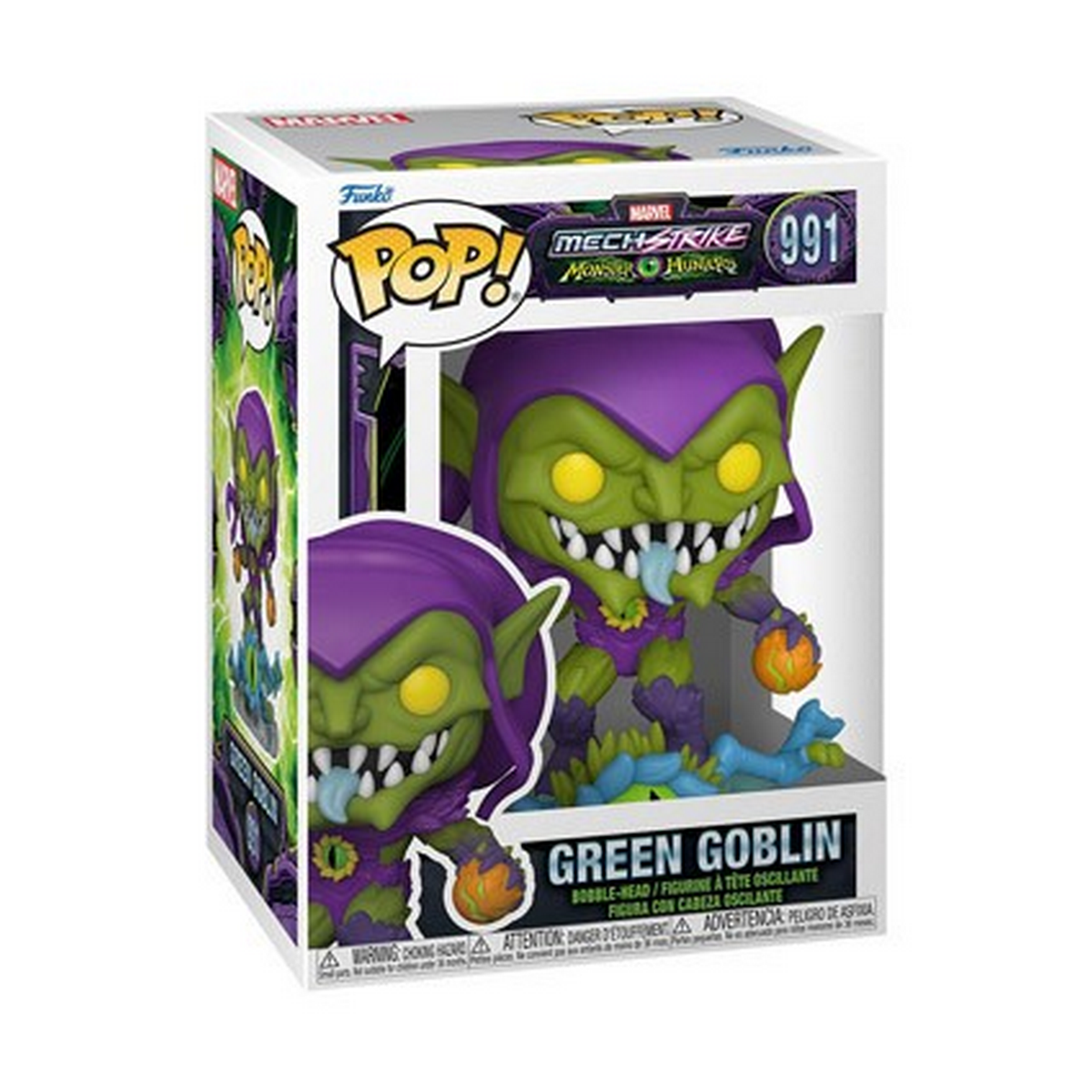 Una scatola Funko Pop con il Green Goblin. La figura è verde e viola, con una scatola etichettata 'Marvel'.