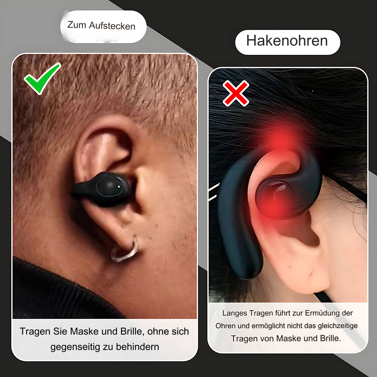 Bildvergleich zweier Ohrhörertypen: einer korrekt, einer inkorrekt, mit Text.