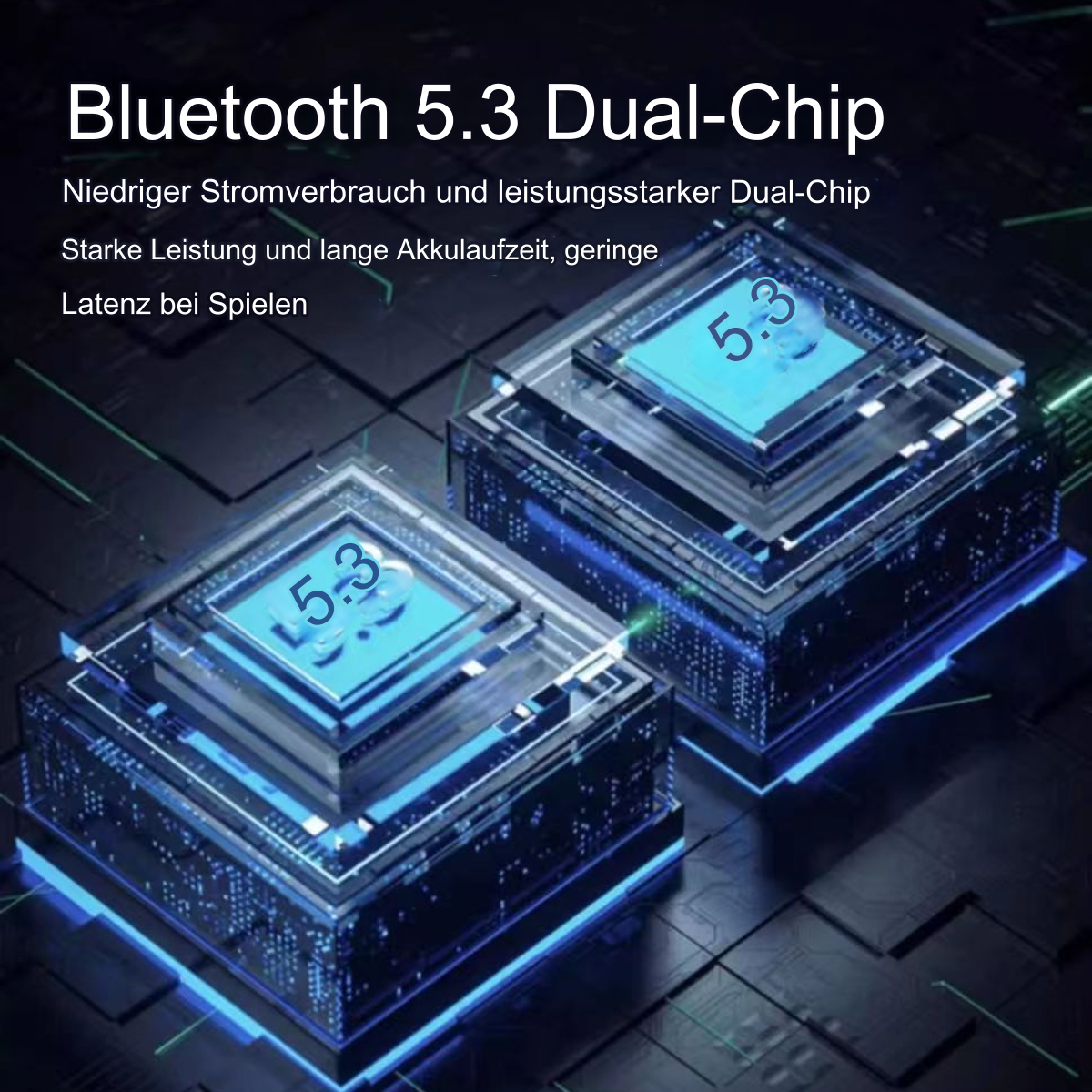 Zwei blaue Chips mit der Aufschrift 5.3, mit Text über geringen Stromverbrauch und Dual-Chip-Funktionen.