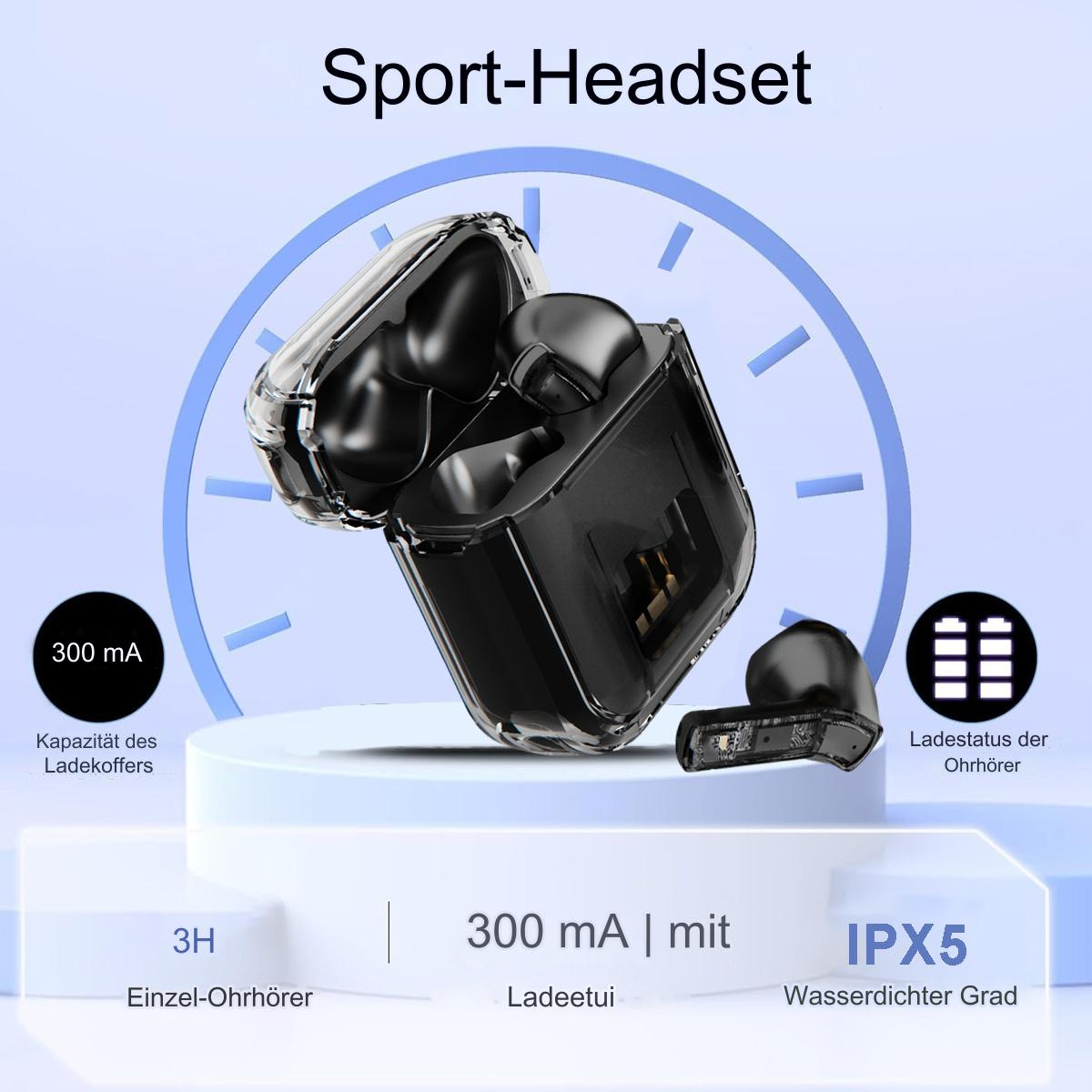Schwarzes Sport-Headset mit Ohrhörern im Etui, das Lade- und Batteriestatus anzeigt, mit weißem Hintergrund.